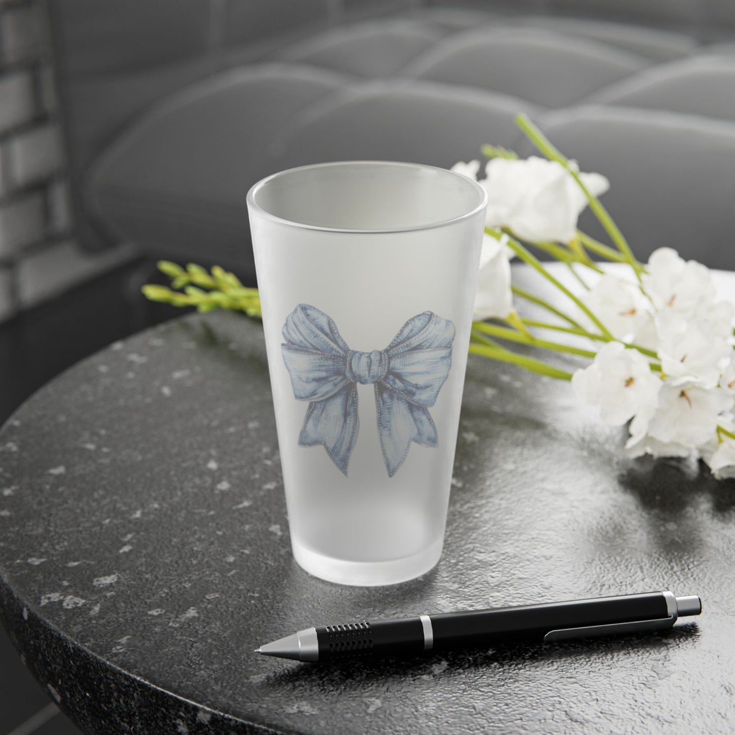 Denim Bow Frosted Pint Glass, 16oz