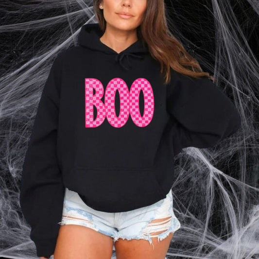 BOO Pink Check Sequins Patch Sweatshirt