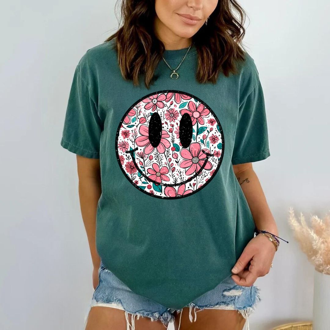 Floral Smiley T-shirt/Emerald