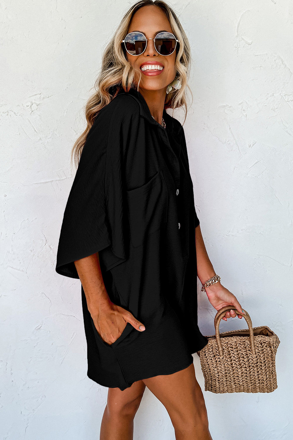 Black Half Button Romper